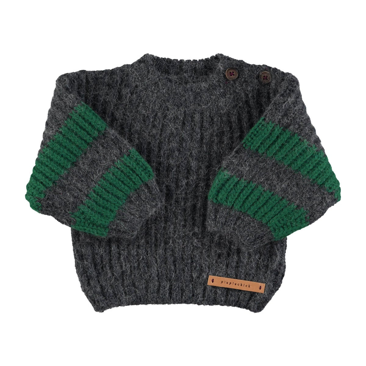 Baby knitted sweater with gray and green stripes