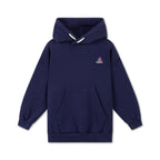 Blue hooded sweatshirt with fluorescent pink end