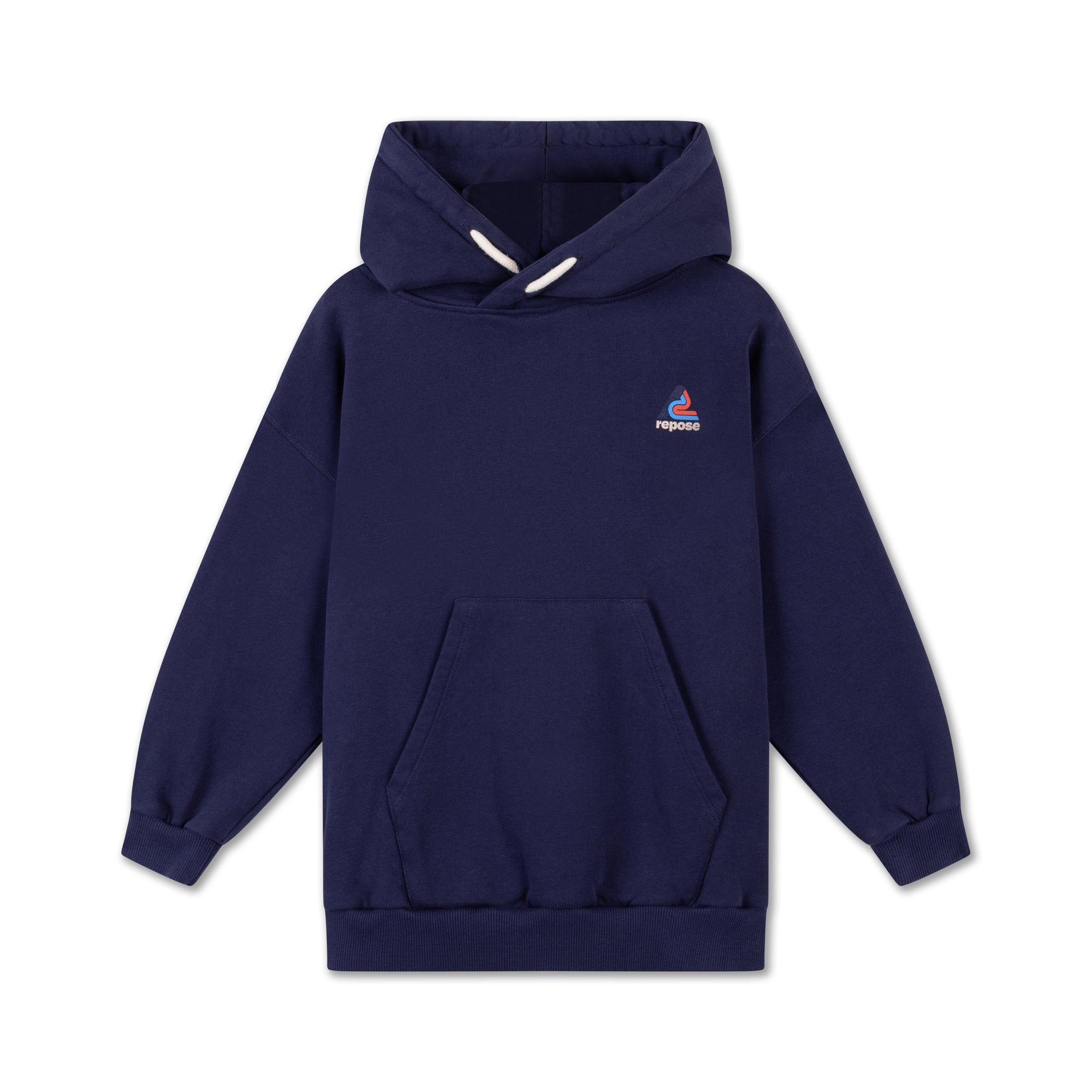 Blue hooded sweatshirt with fluorescent pink end
