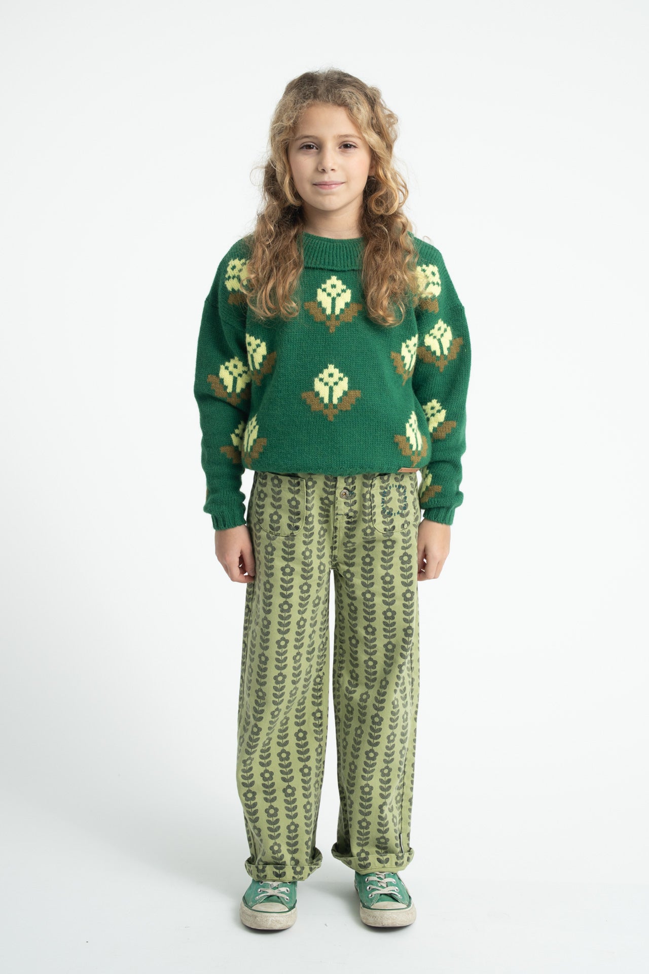 Pull Jacquard Vert Fleuri PIUPIUCHICK look