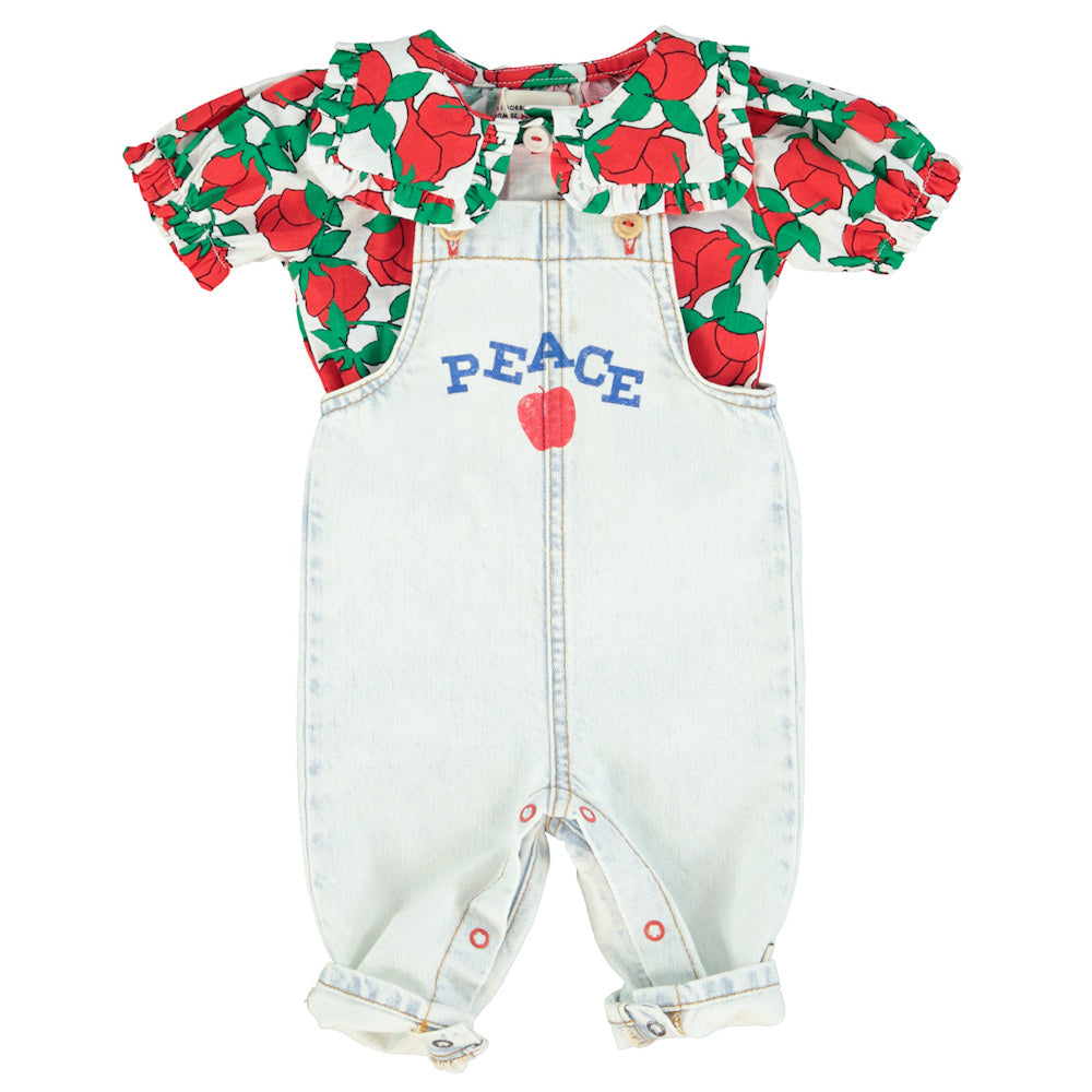 Baby Dungarees Washed Light Blue Denim with "PEACE" Print