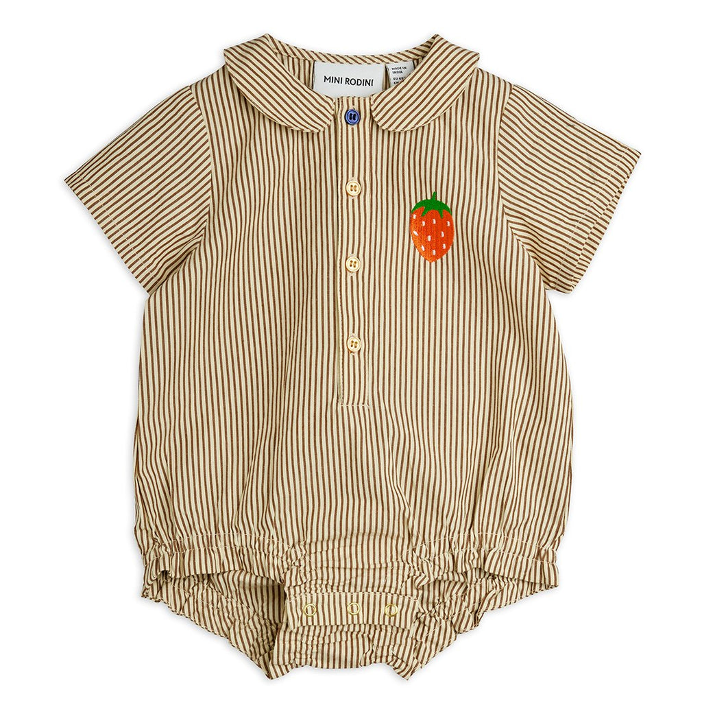 Brown striped baby bodysuit with collar and strawberry embroidery