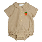 Brown striped baby bodysuit with collar and strawberry embroidery
