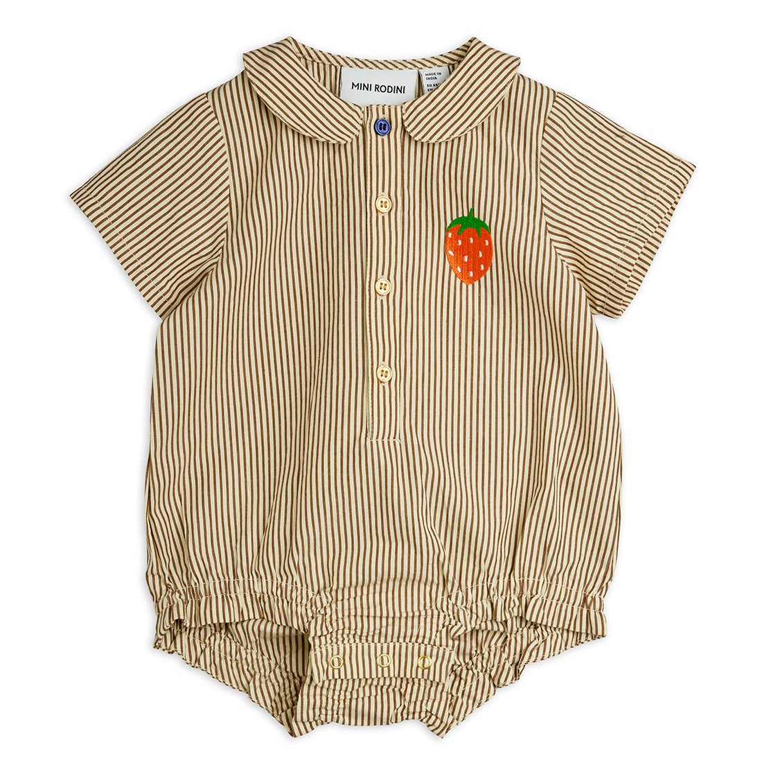 Brown striped baby bodysuit with collar and strawberry embroidery