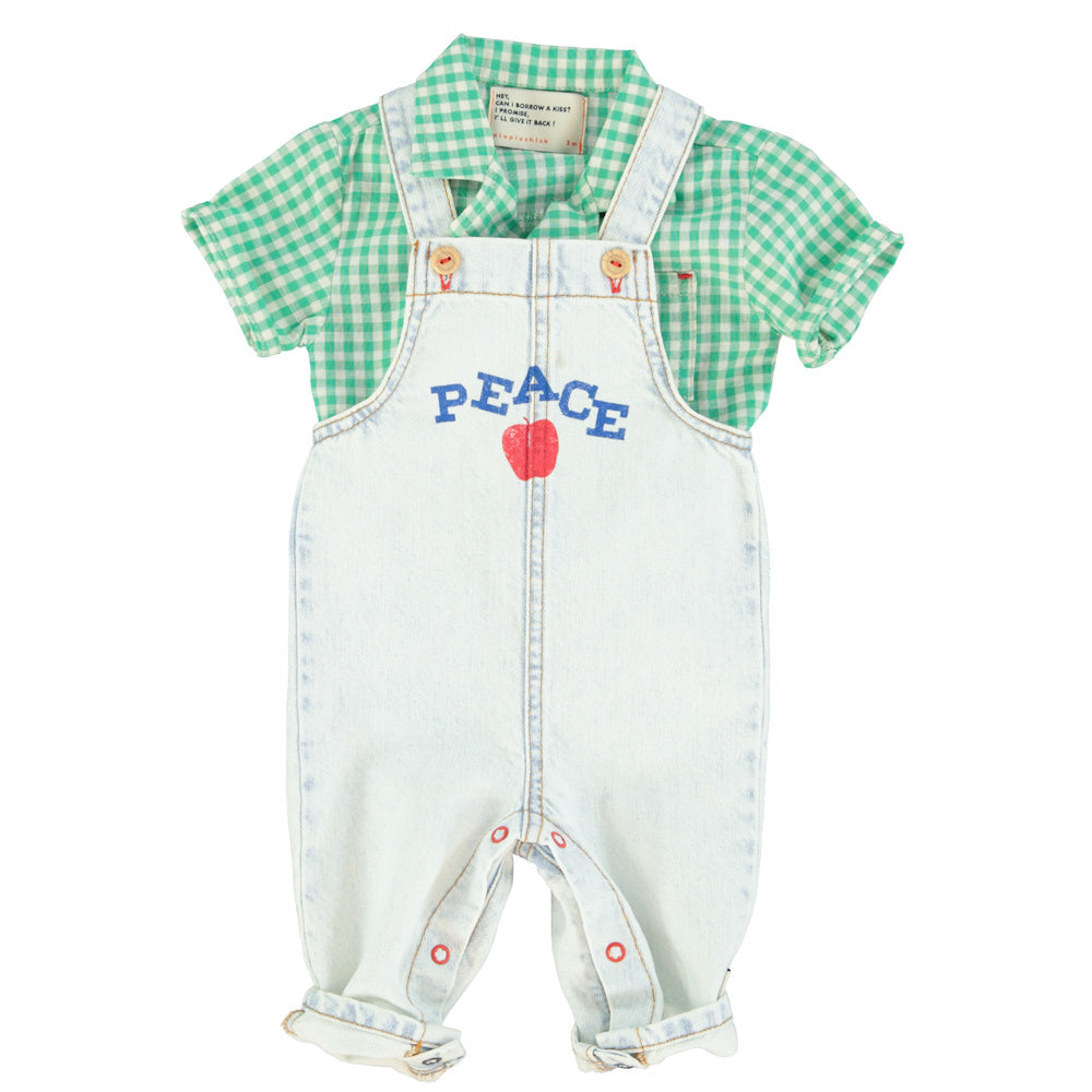 Baby Dungarees Washed Light Blue Denim with "PEACE" Print