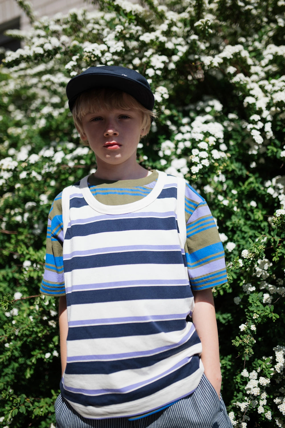 Cream Tank Top with Glacier Blue Stripes