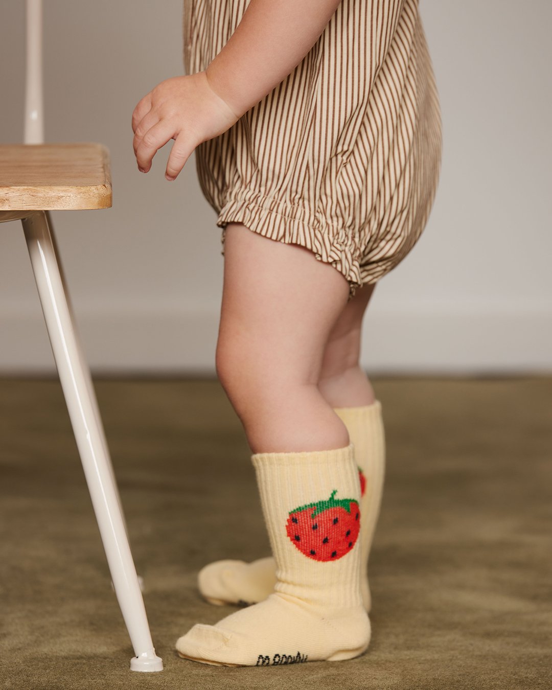 Brown striped baby bodysuit with collar and strawberry embroidery