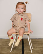 Brown striped baby bodysuit with collar and strawberry embroidery