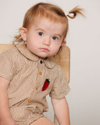 Brown striped baby bodysuit with collar and strawberry embroidery