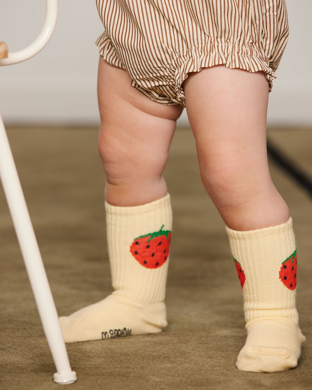 Brown striped baby bodysuit with collar and strawberry embroidery