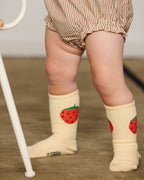 Brown striped baby bodysuit with collar and strawberry embroidery