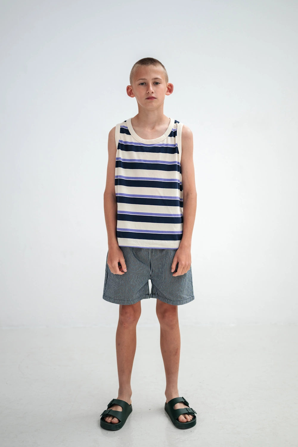 Cream Tank Top with Glacier Blue Stripes