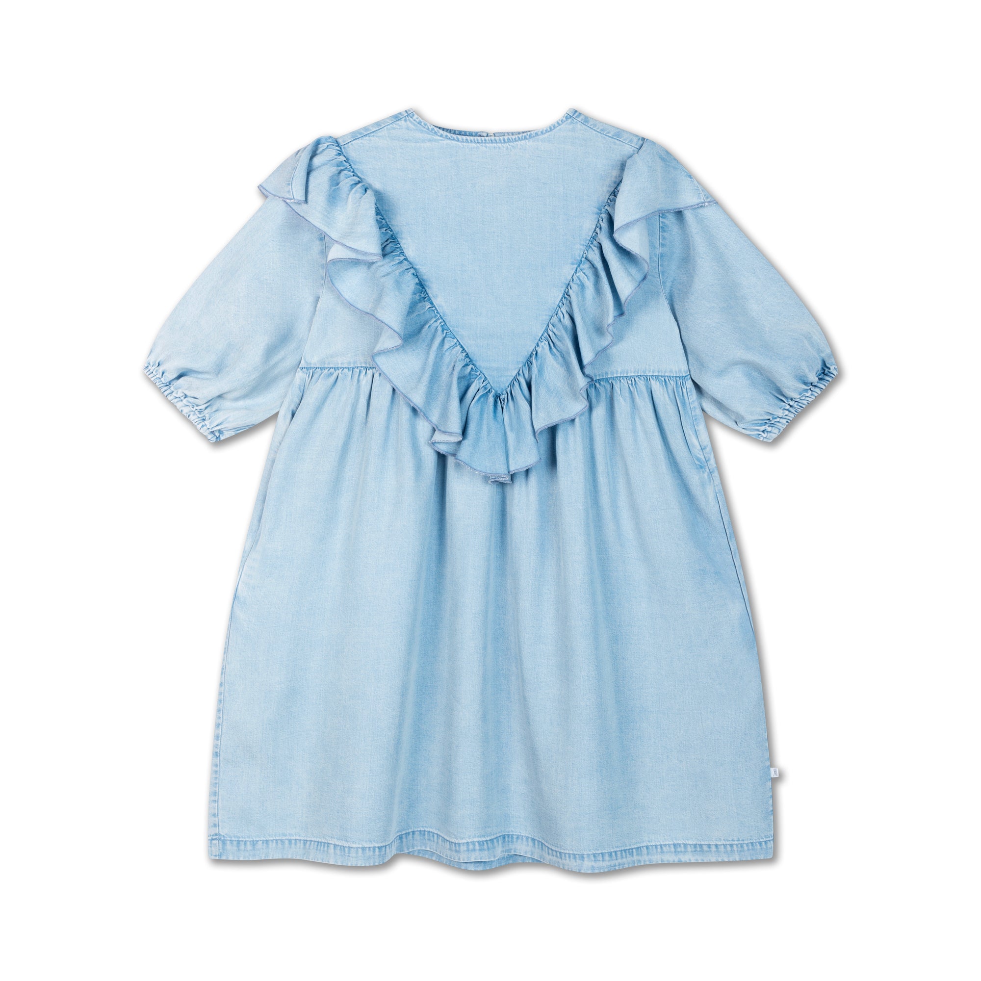 Sky blue denim dress with ruffles