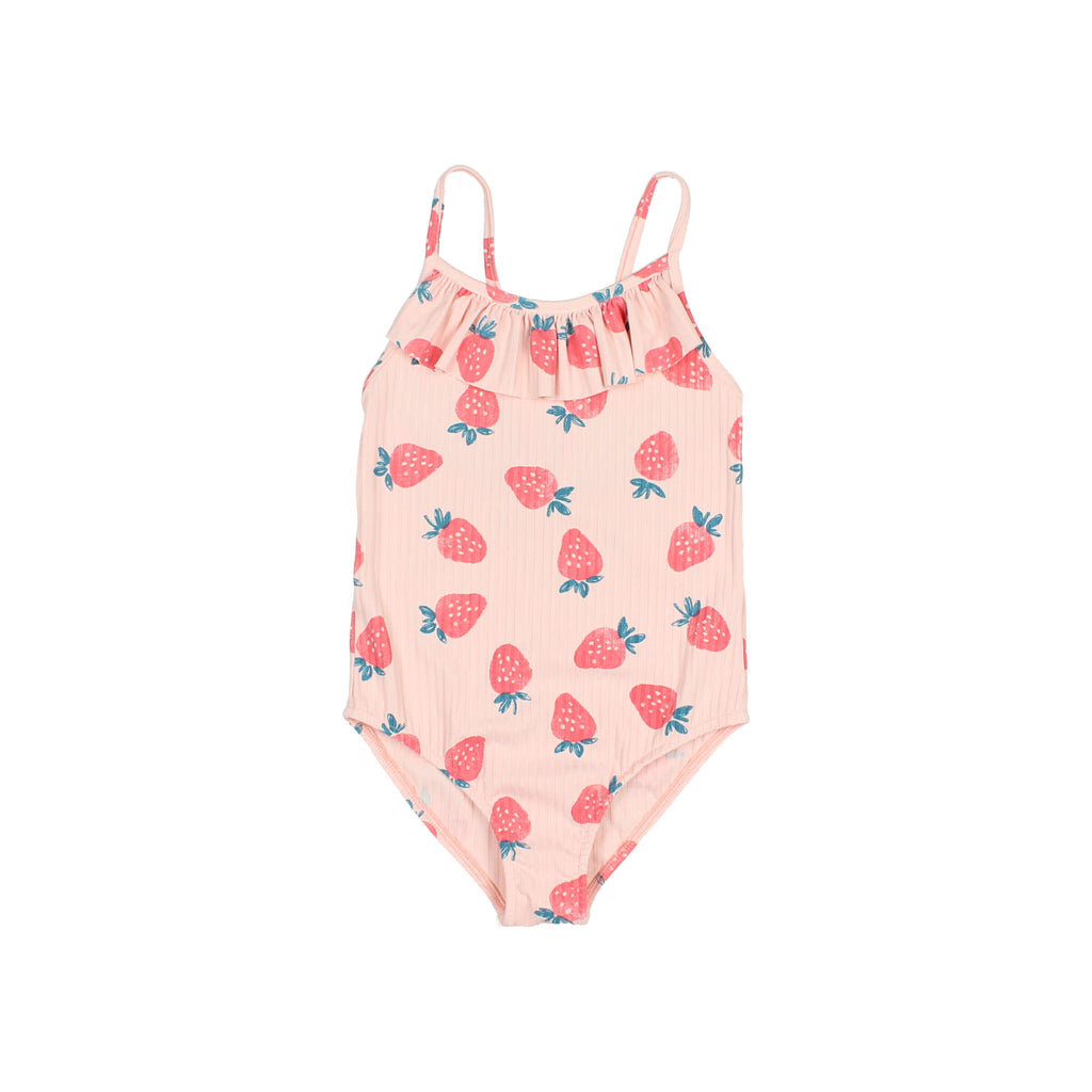 Cream pink ribbed one-piece swimsuit with strawberry pattern