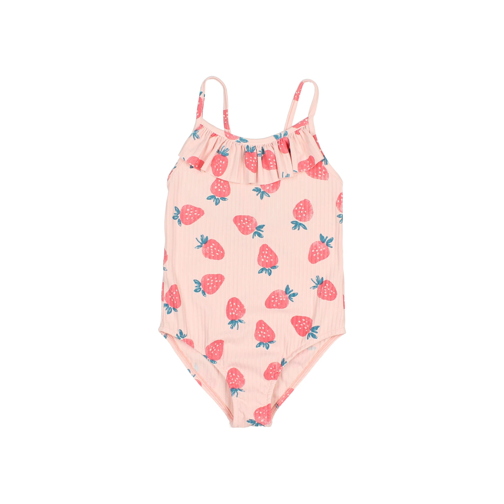 Cream pink ribbed one-piece swimsuit with strawberry pattern