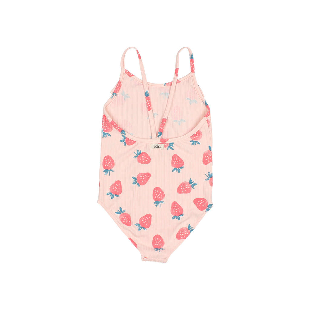 Cream pink ribbed one-piece swimsuit with strawberry pattern