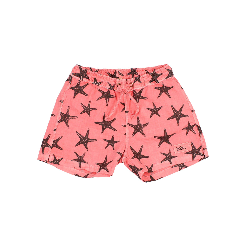 Soft Coral Poplin Swim Shorts with Starfish Pattern
