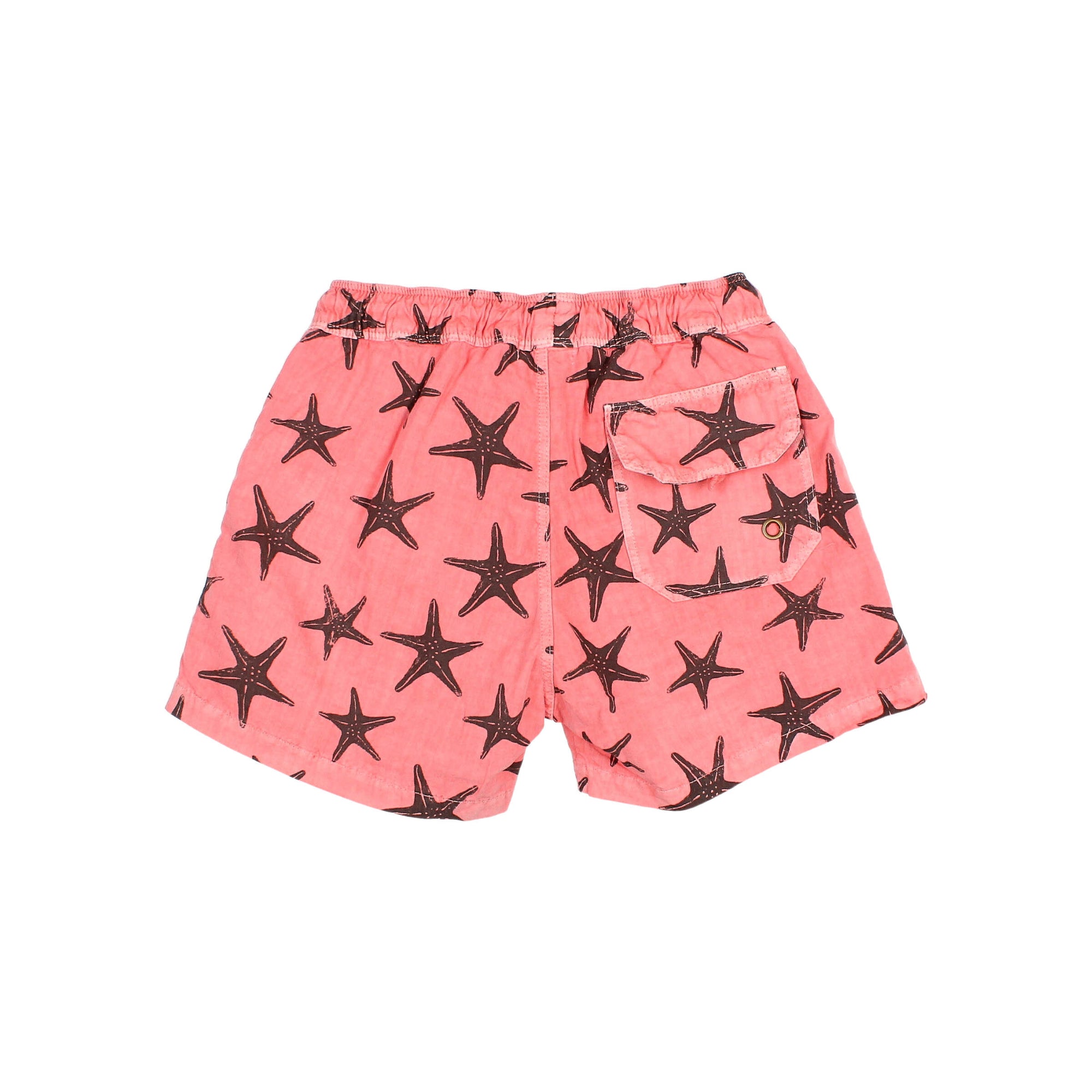 Soft Coral Poplin Swim Shorts with Starfish Pattern