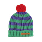 Knitted hat with pompon green & purple stripes