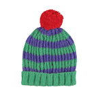Knitted hat with pompon green & purple stripes