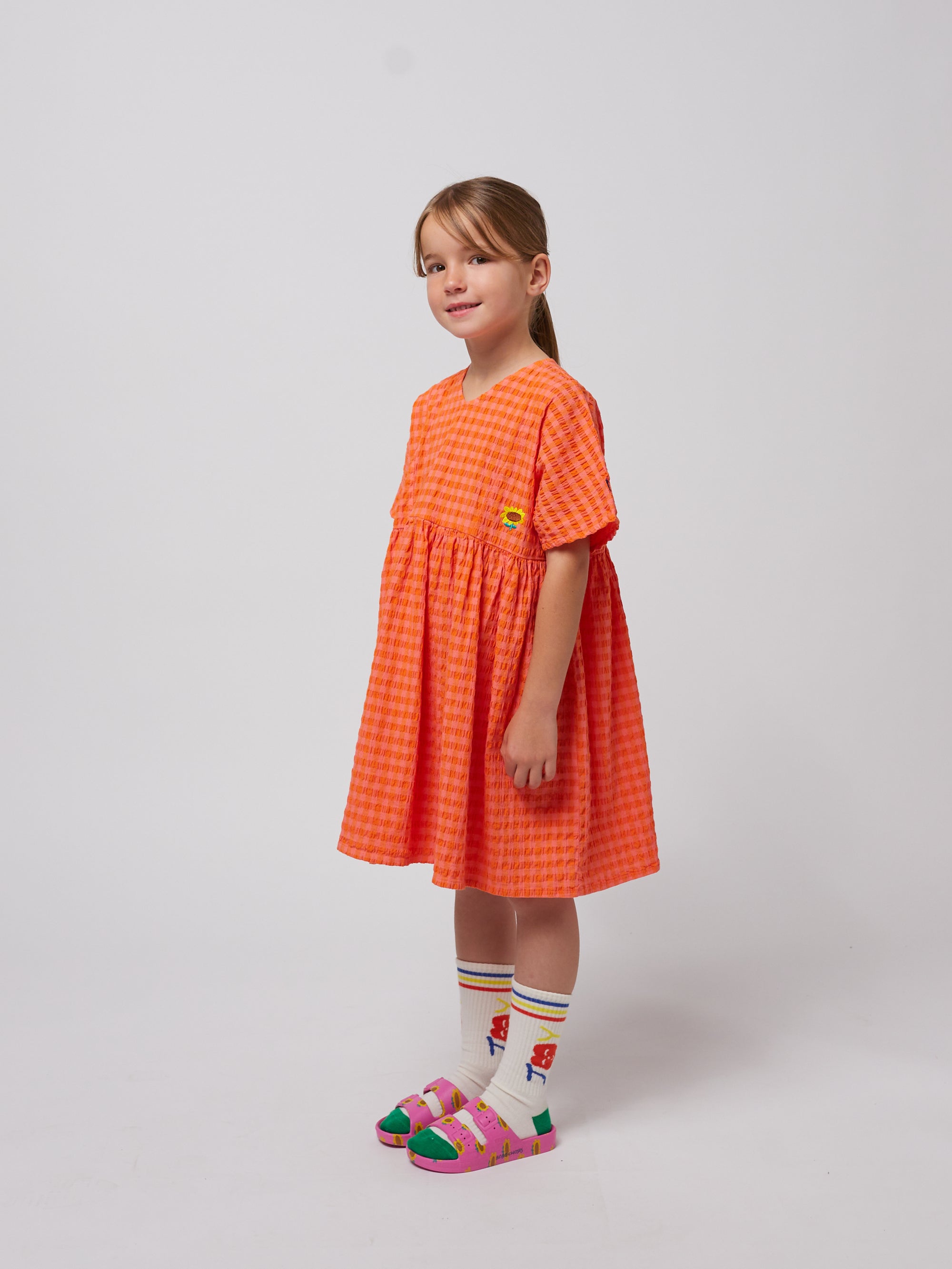 Coral Checkered Sunflower Dress