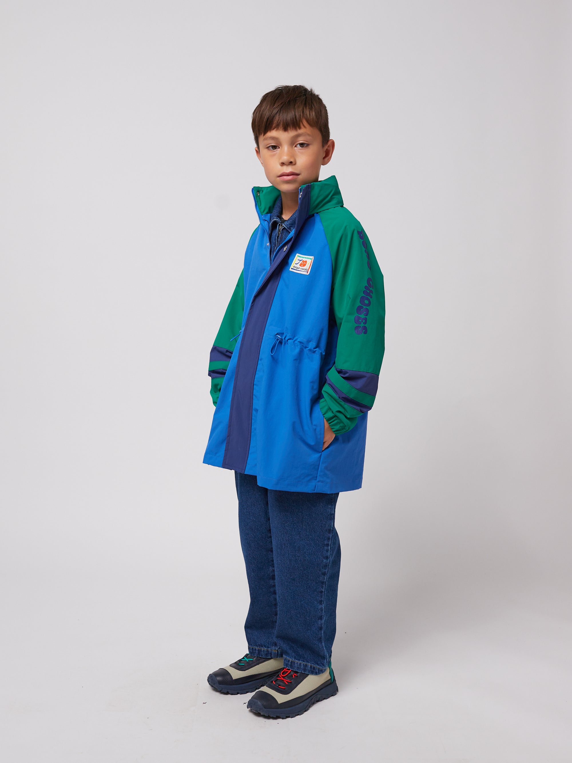 Multicolored rain jacket with print