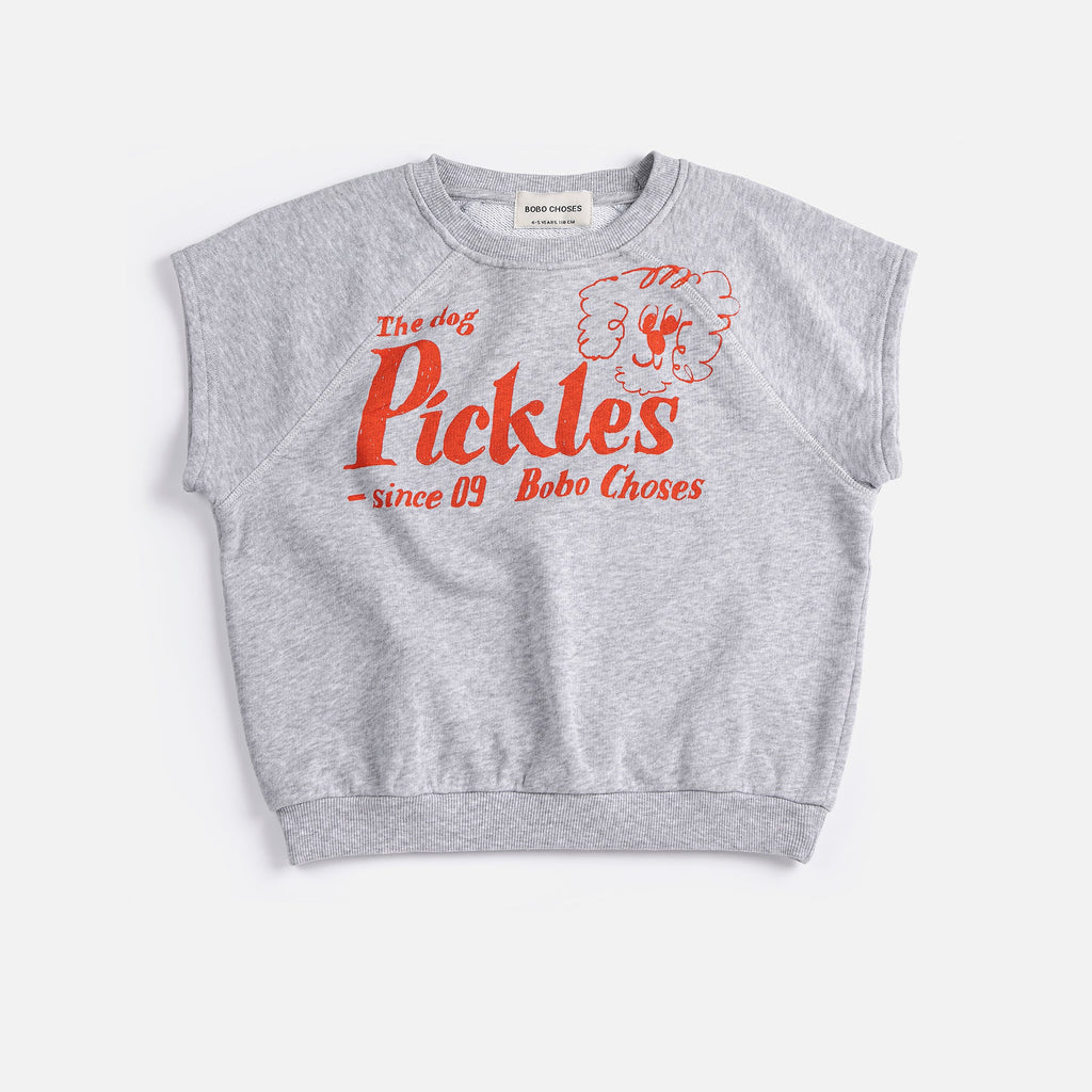 Grey Sleeveless Sweatshirt with “Pickles the Dog” Print