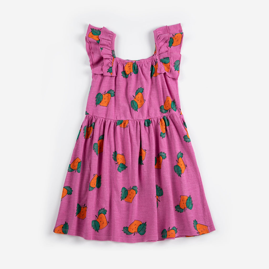 Purple Ruffled Dress with All Over Orange Print
