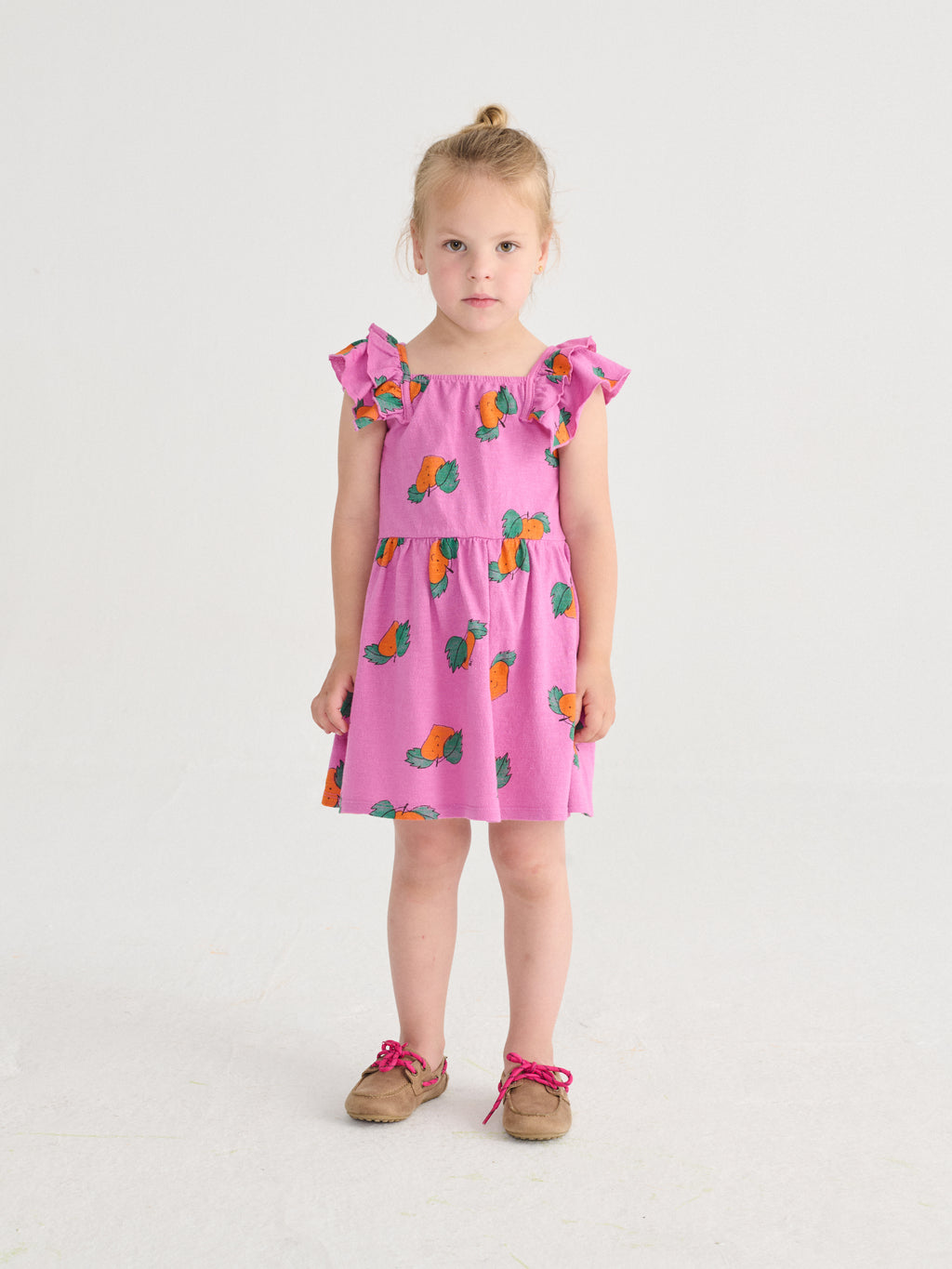 Purple Ruffled Dress with All Over Orange Print