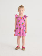 Purple Ruffled Dress with All Over Orange Print