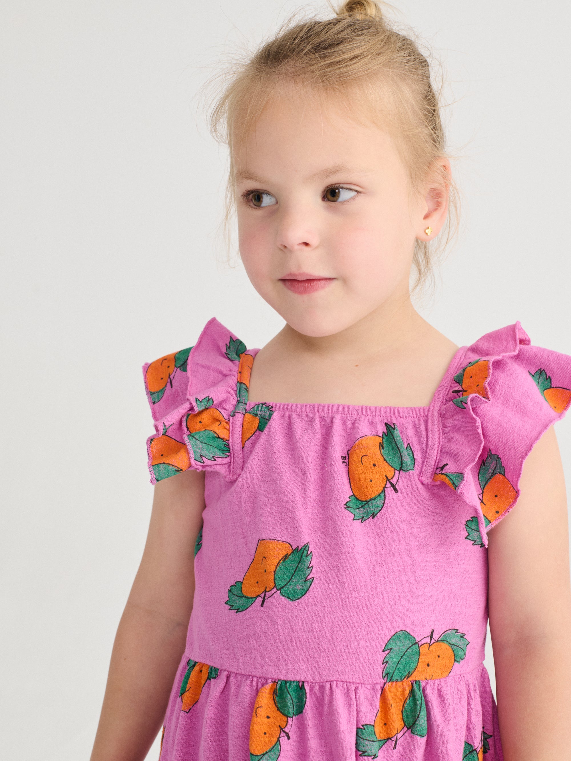 Purple Ruffled Dress with All Over Orange Print