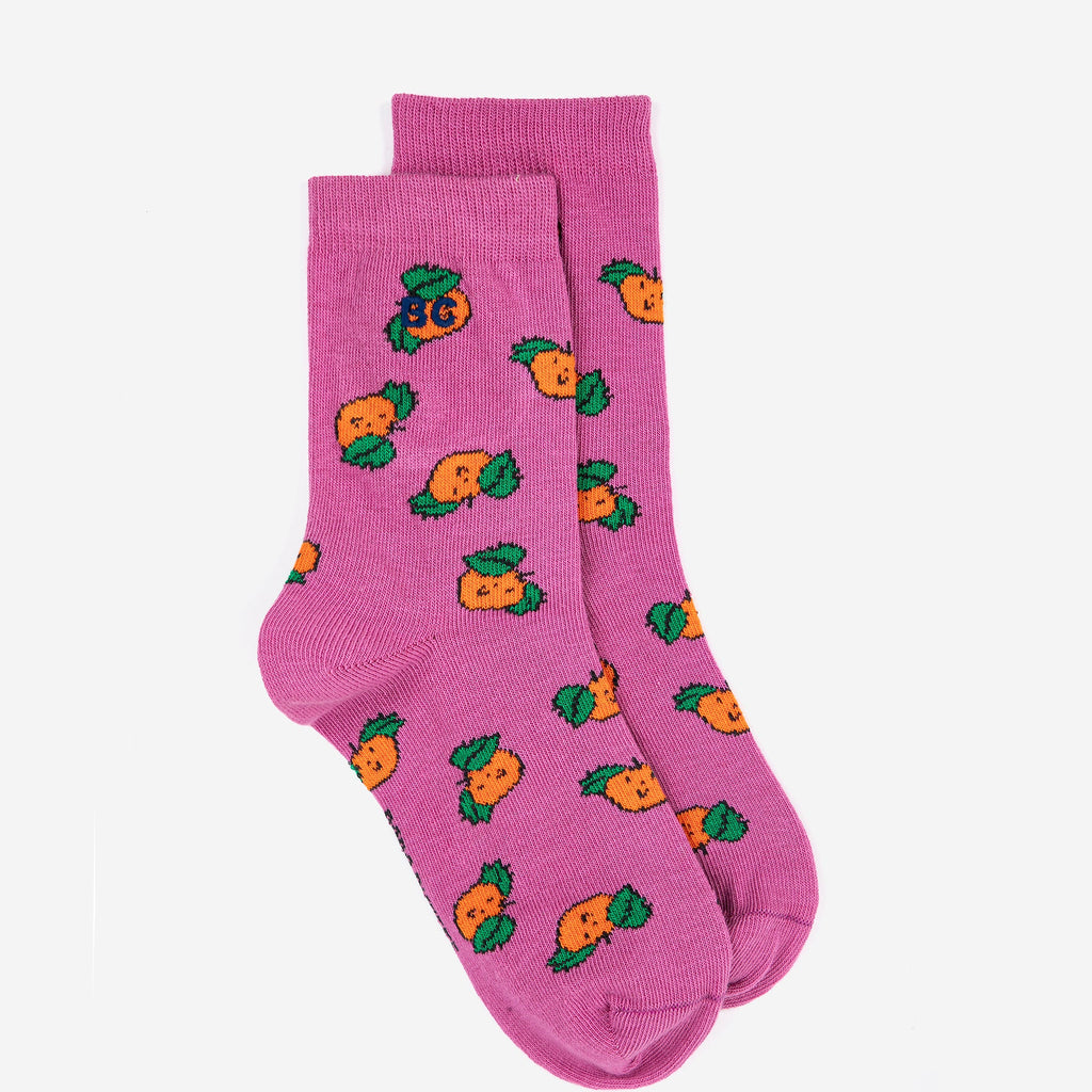 Short Purple Socks with All Over Orange Print
