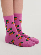 Short Purple Socks with All Over Orange Print