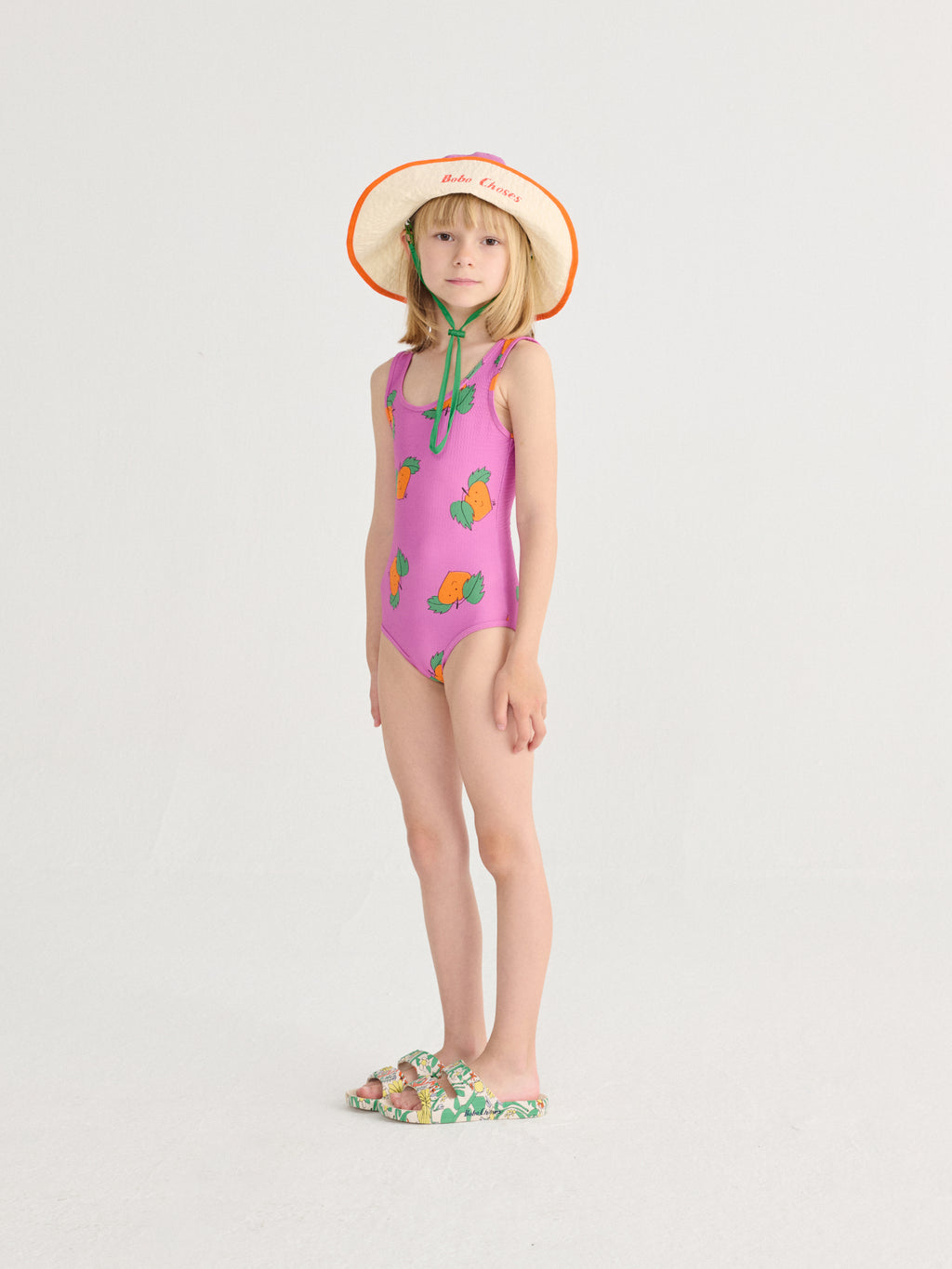 Purple One-Piece Swimsuit with All Over Orange Print
