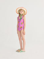 Purple One-Piece Swimsuit with All Over Orange Print