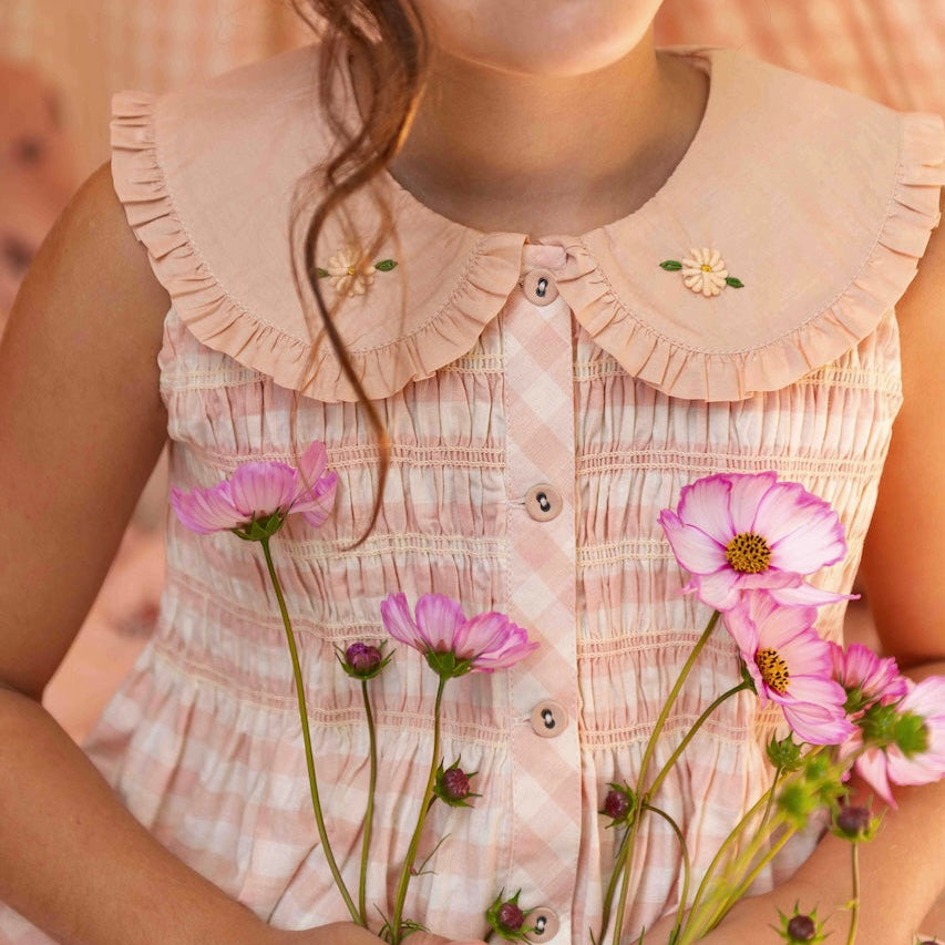 Tunique brodée Rose Vichy avec barrette