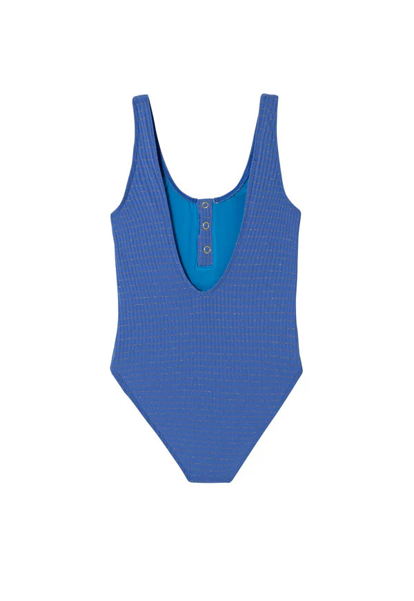 One-Piece Swimsuit – Blue with Golden Stripes 