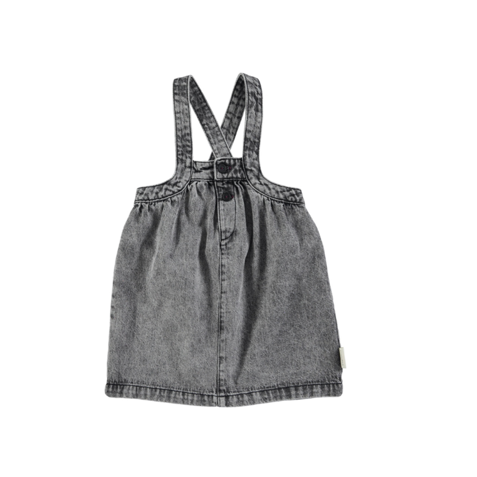 Short dress with washed -down black denim suspenders