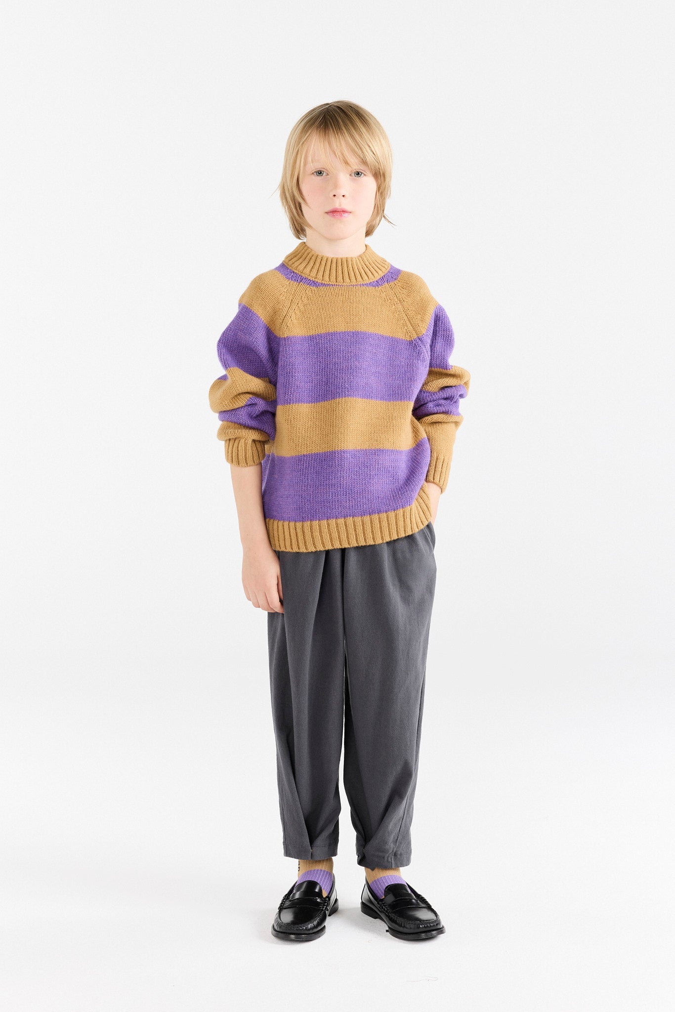 Purple and beige striped boxfish sweater