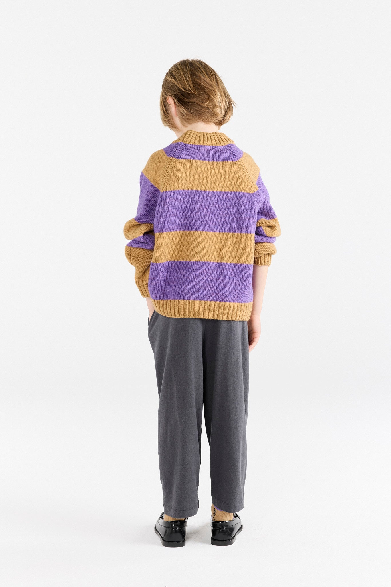 Purple and beige striped boxfish sweater