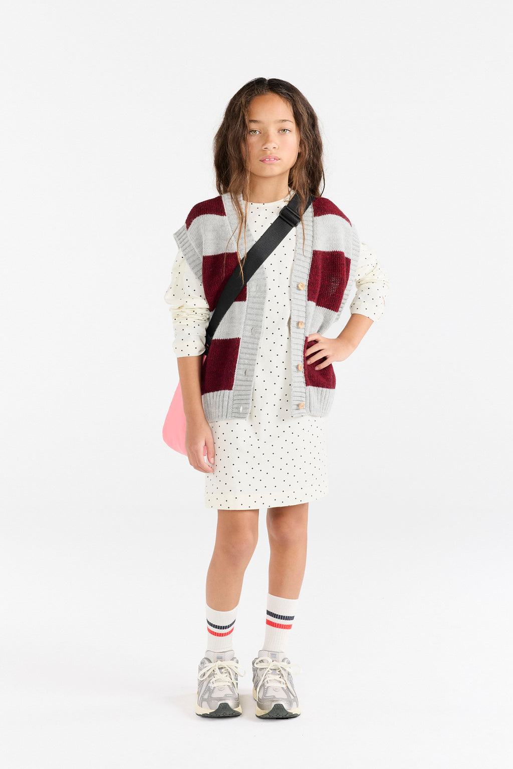 Blobfish sleeveless vest in burgundy and gray stripes