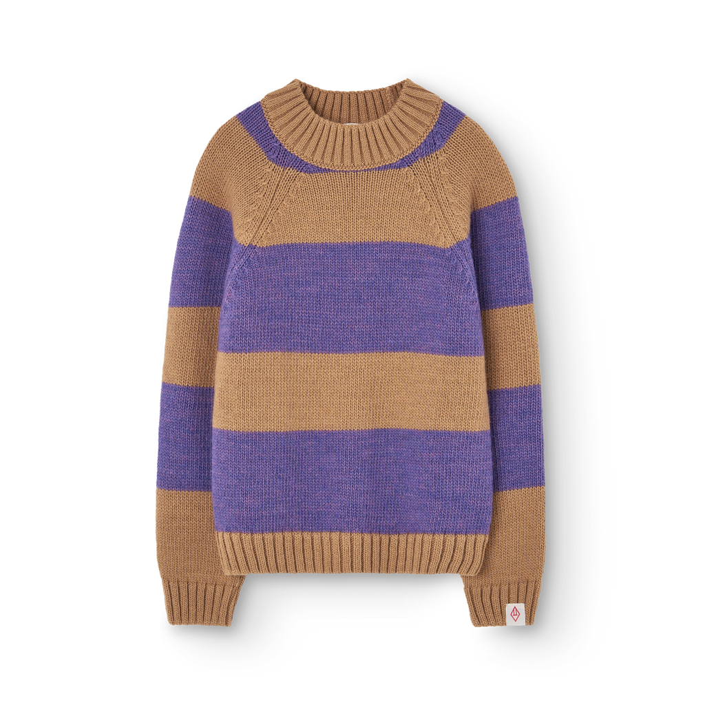 Purple and beige striped boxfish sweater