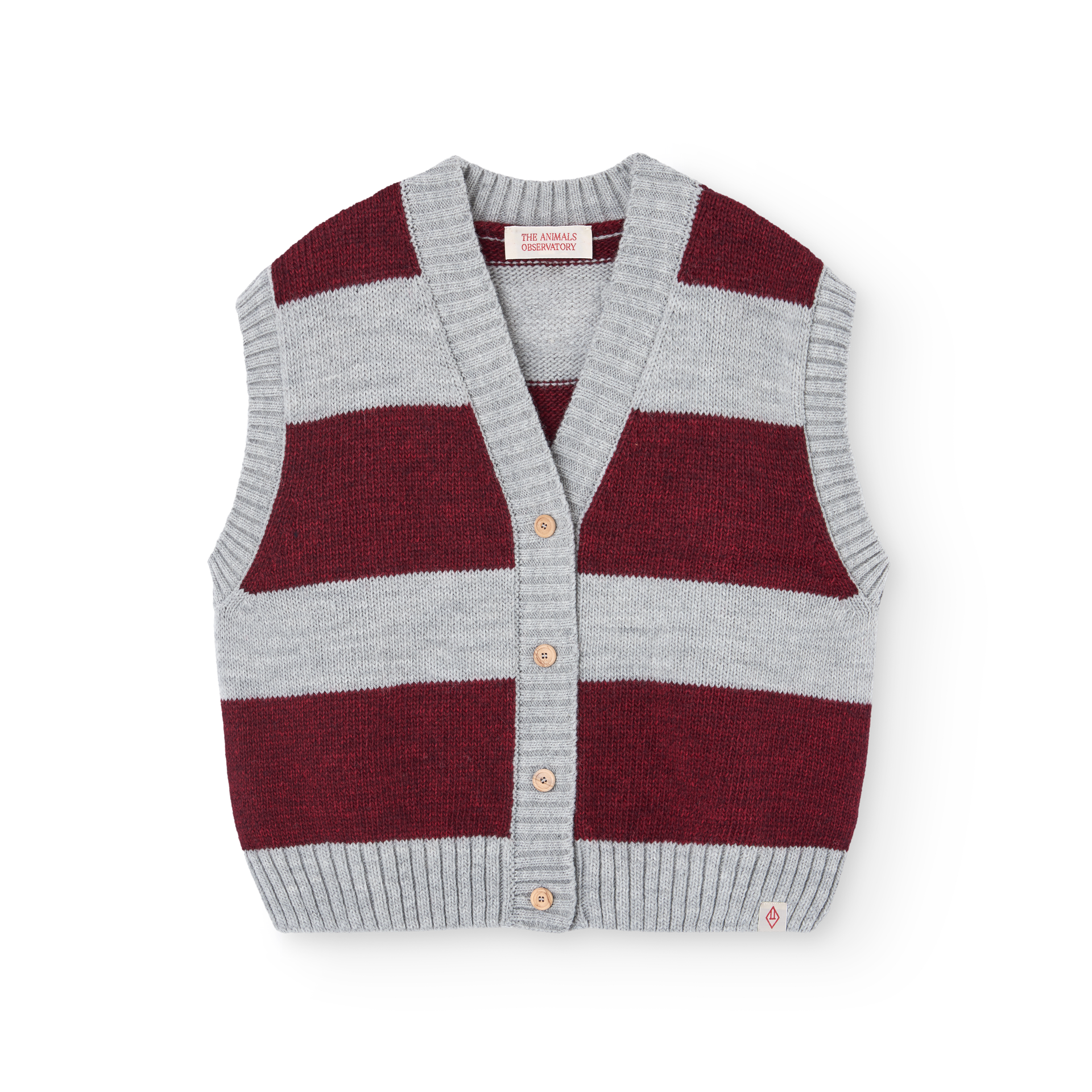 Blobfish sleeveless vest in burgundy and gray stripes