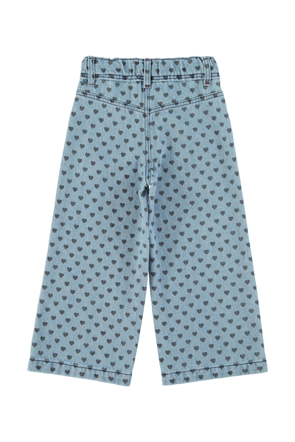 Flare pants in faded blue denim with black hearts