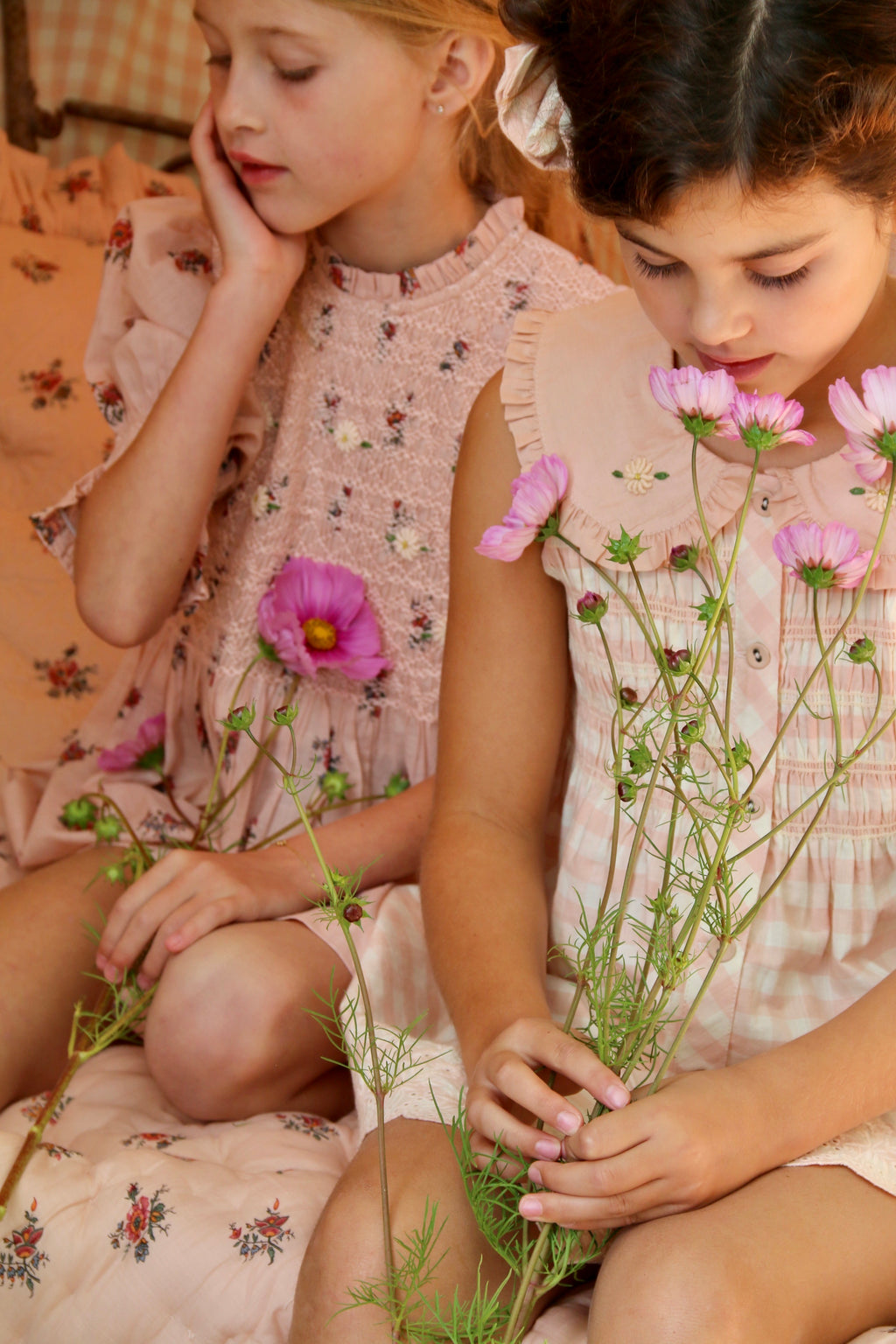 Pink Gingham Embroidered Tunic with Barrette