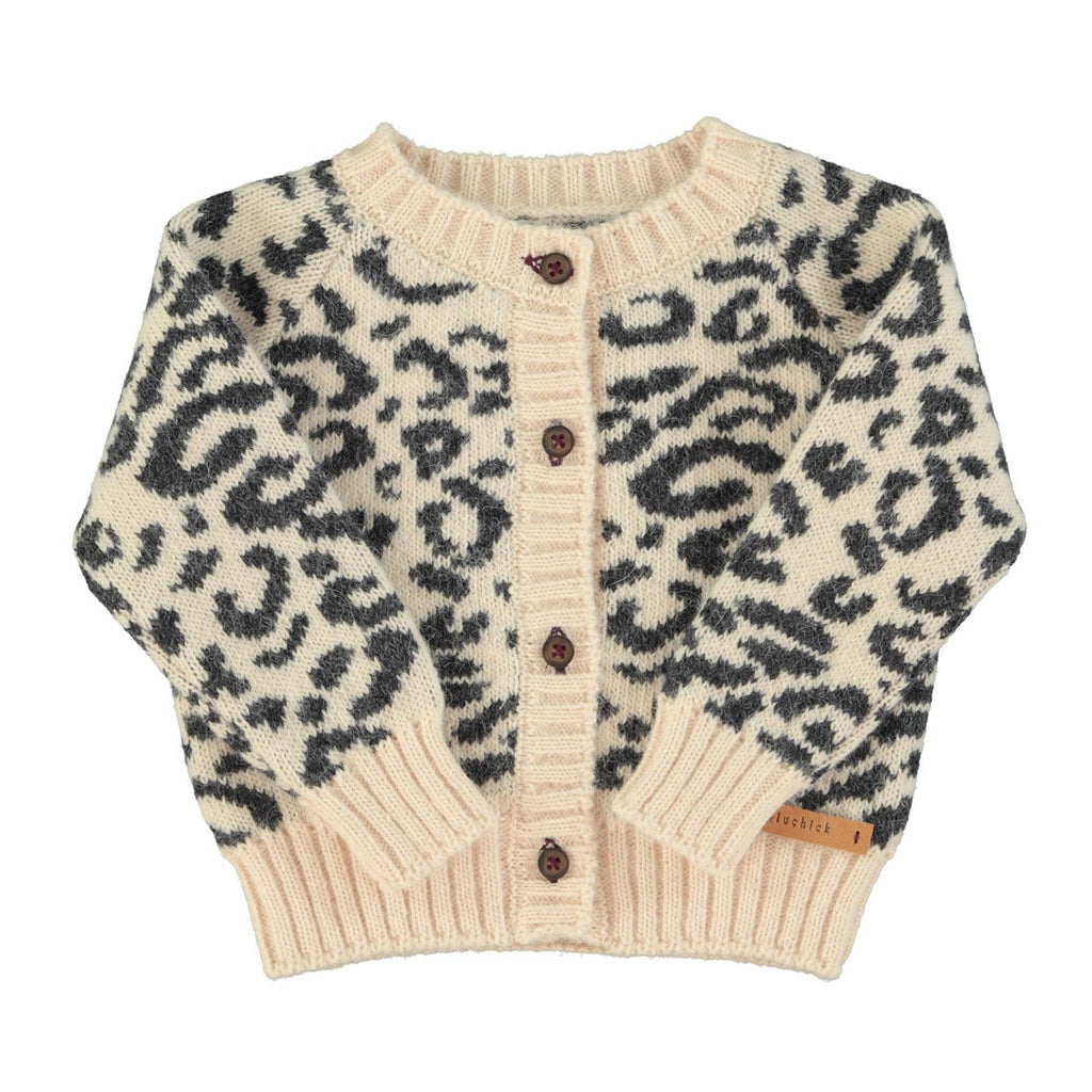 Knitted baby cardigan - Light pink with black animal print