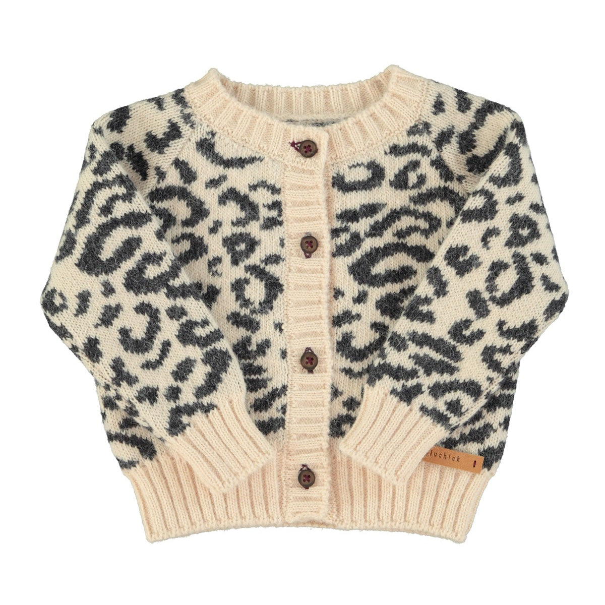 Knitted baby cardigan - Light pink with black animal print