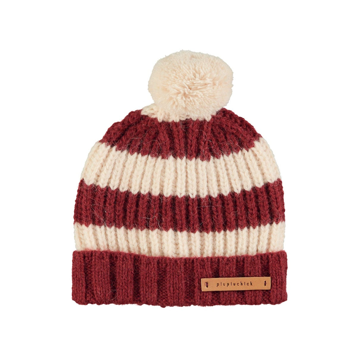 Knitted Hat with Pom-Pom – Bordeaux & Ecru Stripes 