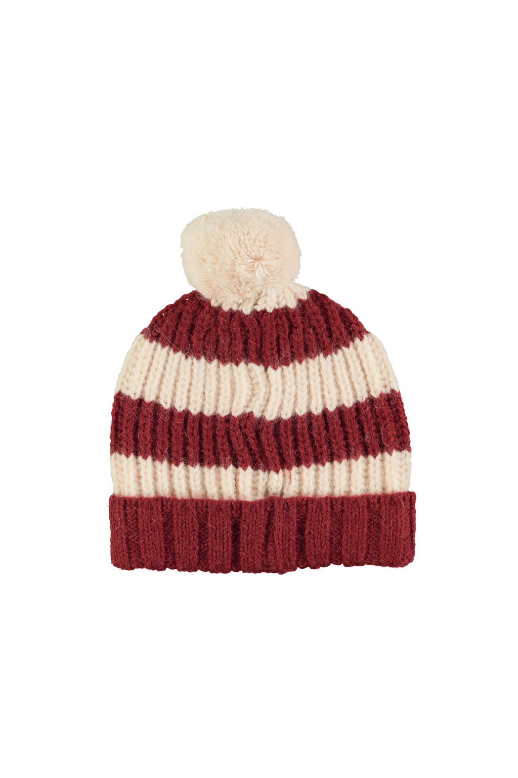 Bonnet Tricoté à Pompon – Rayures Bordeaux & Écru
