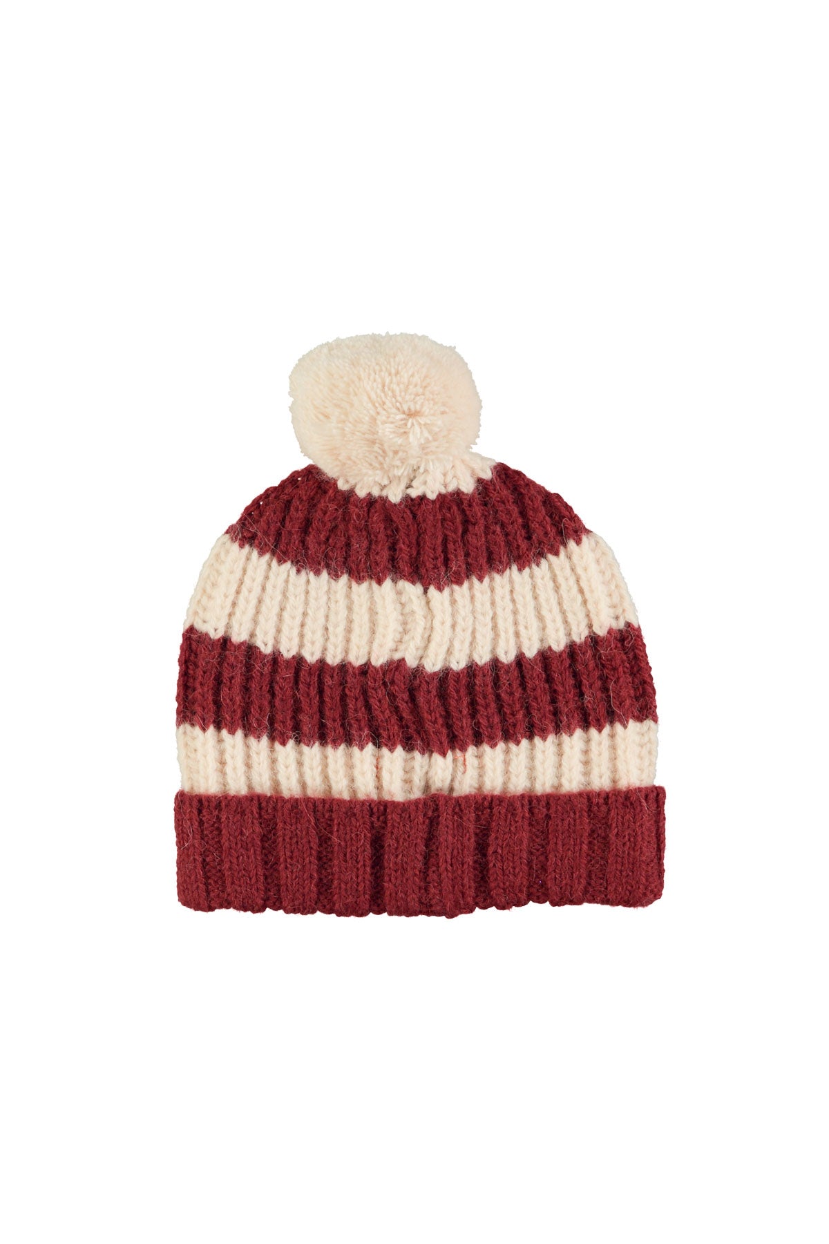 Knitted Hat with Pom-Pom – Bordeaux & Ecru Stripes 